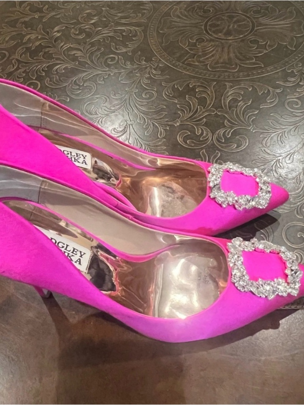Badgley Mischka Pink Satin Pointed-Toe Crystal Buckle Pump - Picture 5 of 6